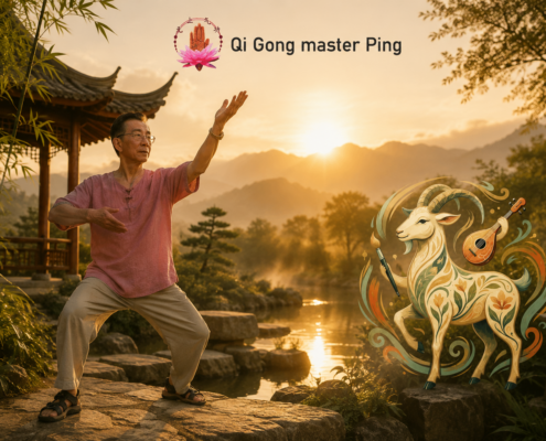 Maestro practicando Qi Gong en un paisaje natural al amanecer, representando la armonía entre el ser humano y la energía del Año de la Cabra de Fuego Yin 2027.