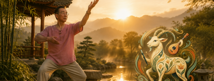 Maestro practicando Qi Gong en un paisaje natural al amanecer, representando la armonía entre el ser humano y la energía del Año de la Cabra de Fuego Yin 2027.