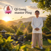 Master Ping practicando Qi Gong al amanecer en la naturaleza