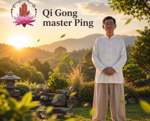 Master Ping practicando Qi Gong al amanecer en la naturaleza